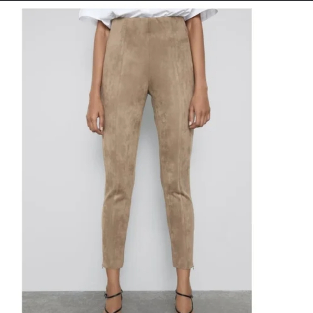Zara Beige Suede Ankle-Length Slim Pants